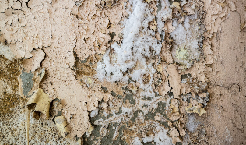 Dépôt de salpêtre blanc sur mur humide en gros plan