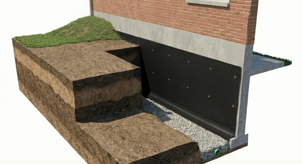 Drainage extérieur et membrane PLATON pour traitement humidité murs enterrés