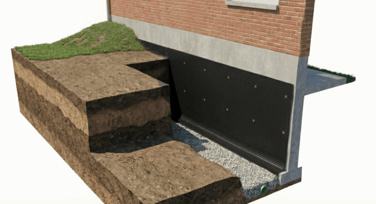 Drainage extérieur et membrane PLATON pour traitement humidité murs enterrés