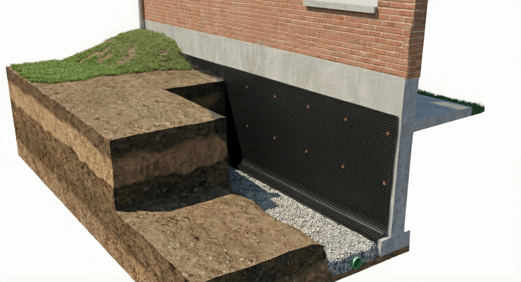 Drainage extérieur et membrane PLATON pour traitement humidité murs enterrés