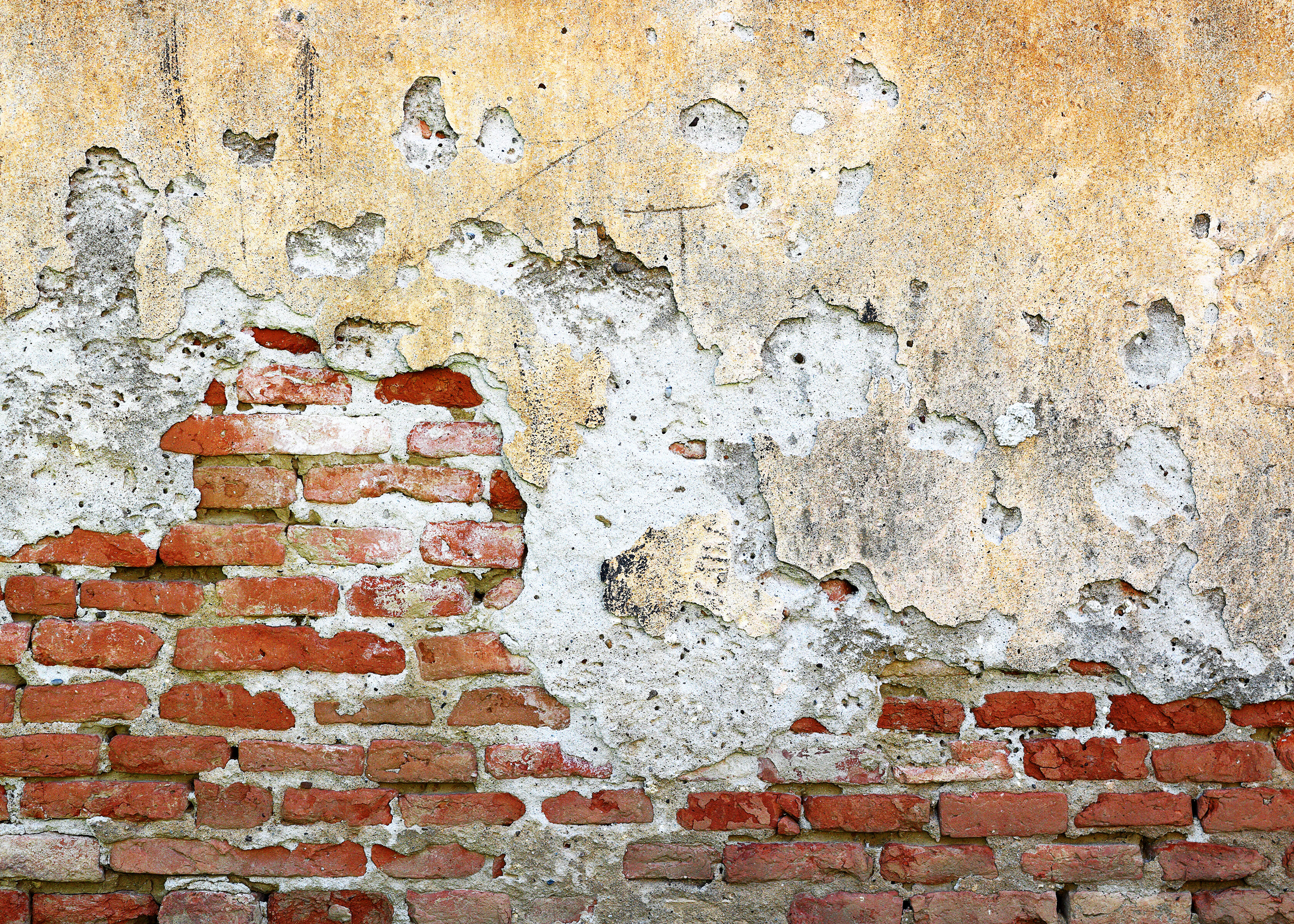 mur en briques avec couche de plâtre craquelée à cause de l’humidité