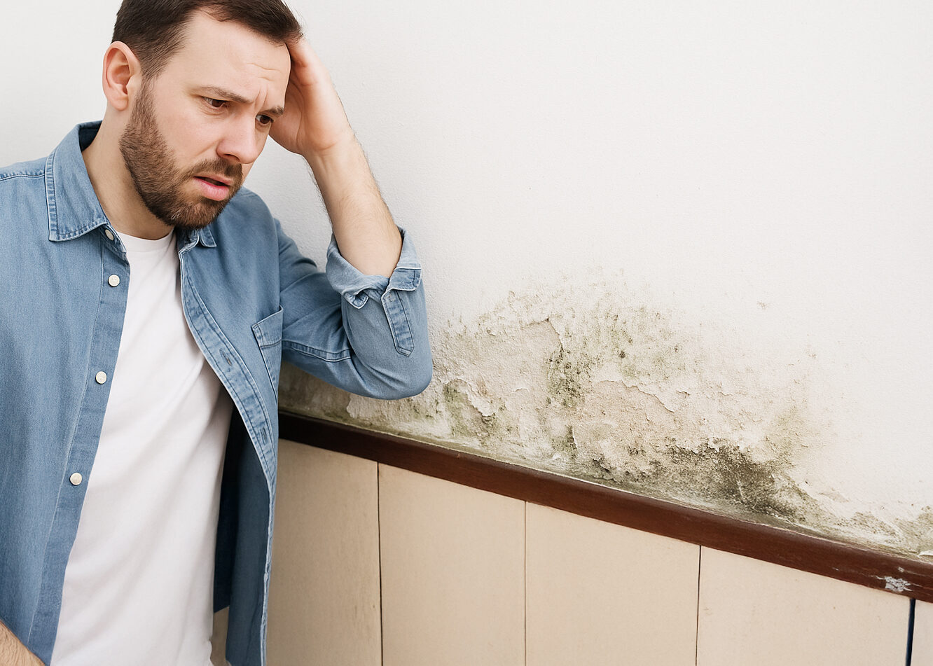 Propriétaire constatant un problème d’humidité sur mur intérieur