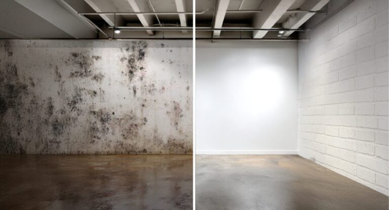 Mur de cave dégradé par l’humidité et le résultat après traitement