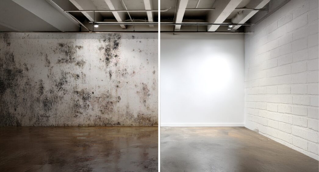 Mur de cave dégradé par l’humidité et le résultat après traitement