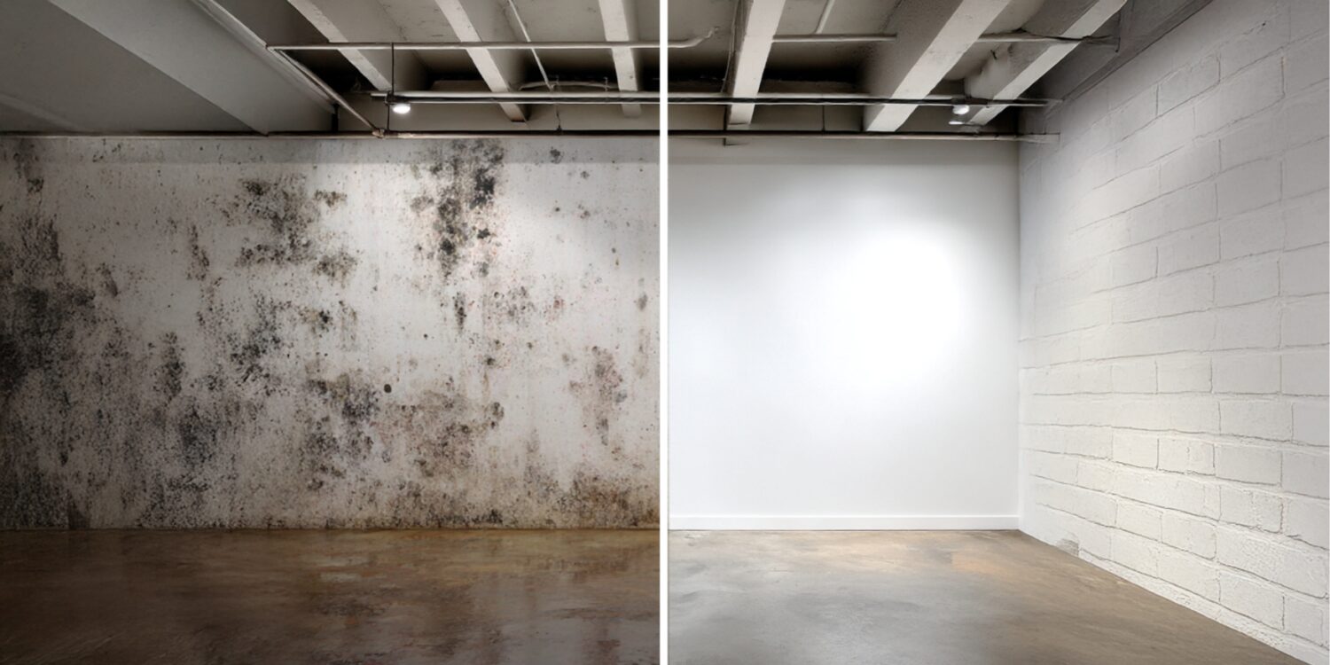 Mur de cave dégradé par l’humidité et le résultat après traitement