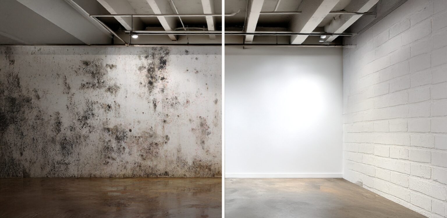 Mur de cave dégradé par l’humidité et le résultat après traitement