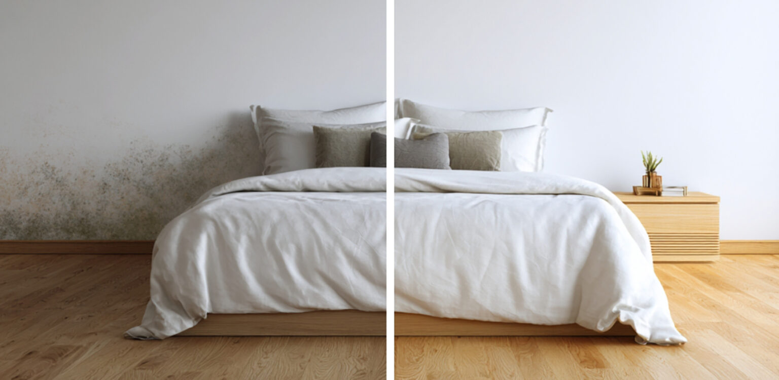 Chambre avec moisissure avant et après traitement humidité
