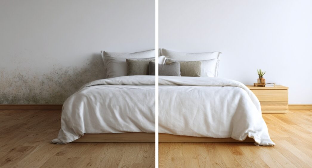 Chambre avec moisissure avant et après traitement humidité