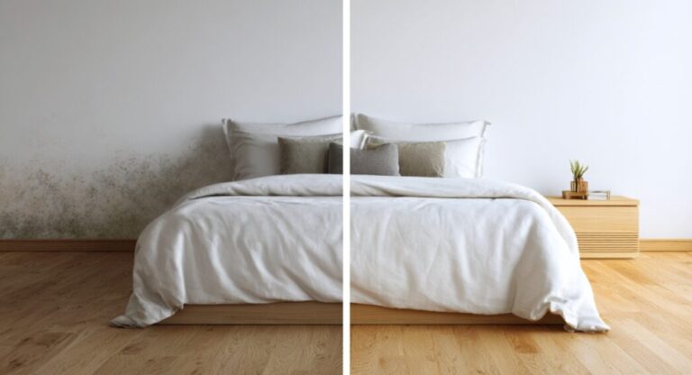 Chambre avec moisissure avant et après traitement humidité
