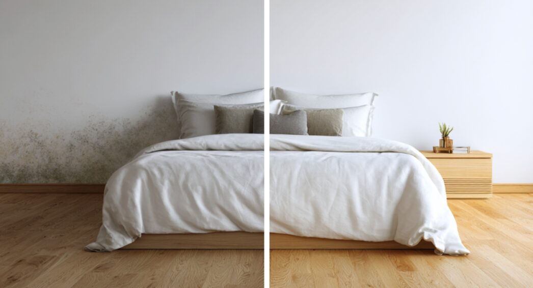 Chambre avec moisissure avant et après traitement humidité
