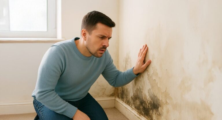 Un homme se tient accroupi face à un mur marqué de larges taches d'humidité et de moisissures.