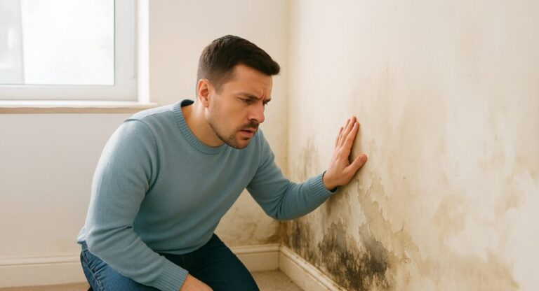Un homme se tient accroupi face à un mur marqué de larges taches d'humidité et de moisissures.