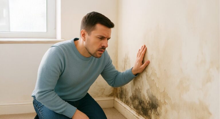 Un homme se tient accroupi face à un mur marqué de larges taches d'humidité et de moisissures.