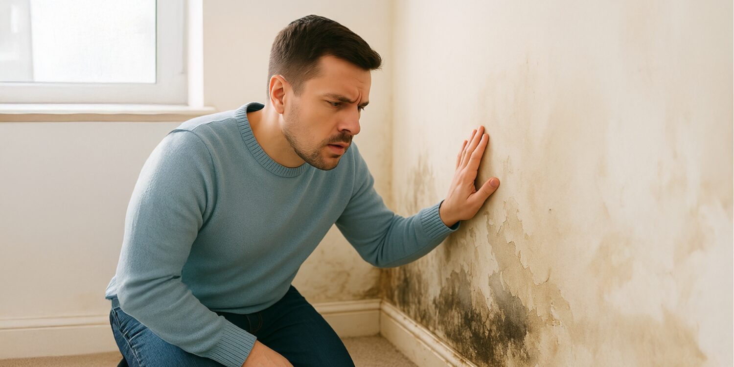 Un homme se tient accroupi face à un mur marqué de larges taches d'humidité et de moisissures.