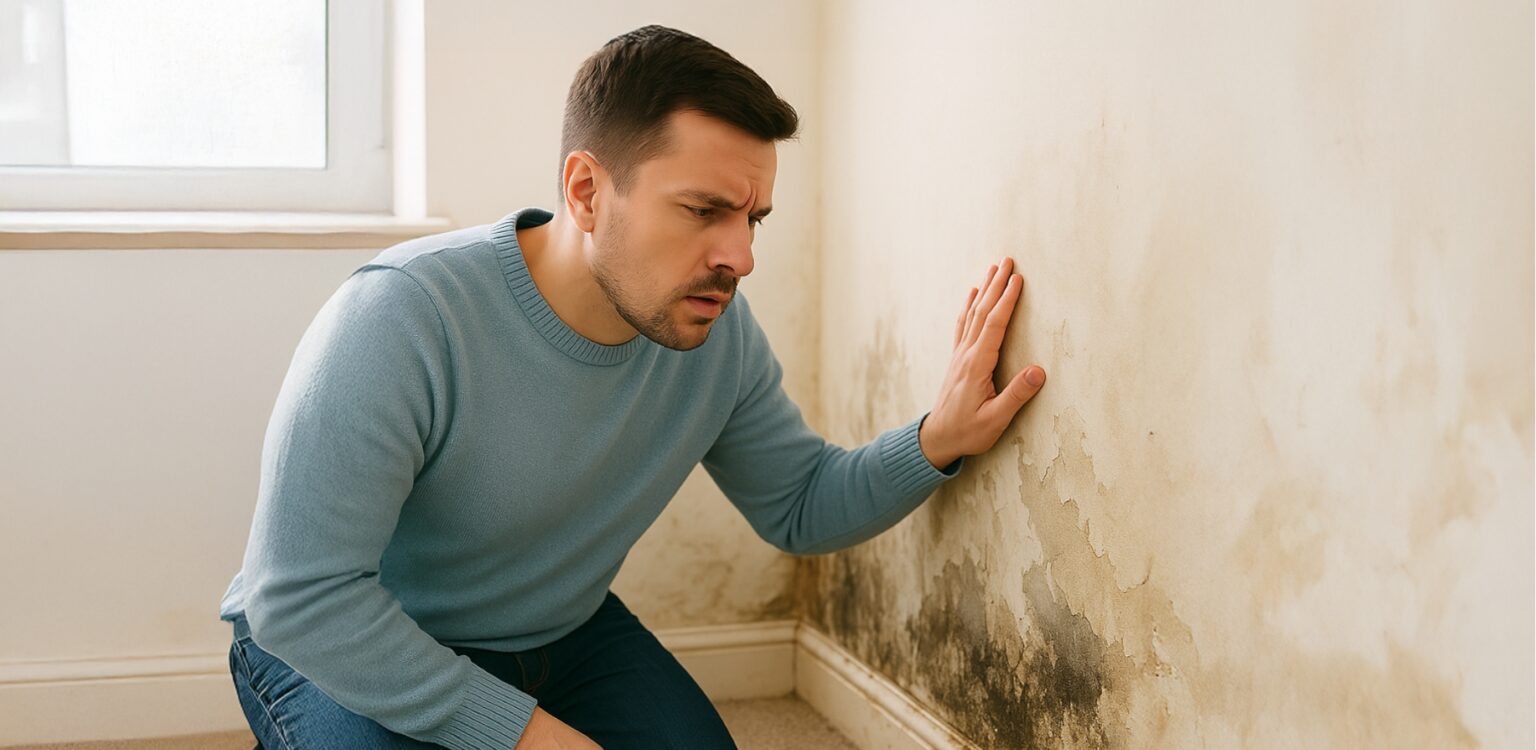 Un homme se tient accroupi face à un mur marqué de larges taches d'humidité et de moisissures.