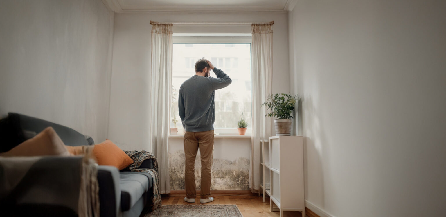 Un homme se tient debout face à une fenêtre, devant un mur marqué de larges taches d'humidité et de moisissures.